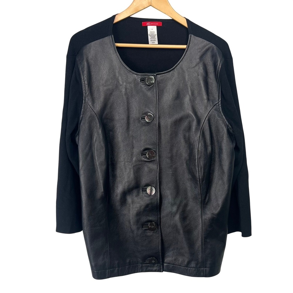 Anne Klein Black Rib Knit Leather Front Cardigan Sweater 1X Business Office Chic